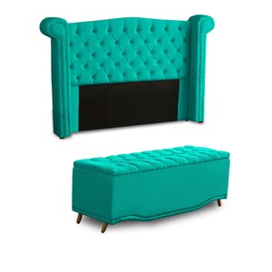 KIT + Cabeceira Com Recamier Baú Dunas Princesa em captonê 1,60 Casal Cama Box Azul Tiffany Veludo D