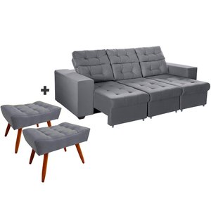 Sofá 4 Lugares Itália Plus Cinza 2,60m Retrátil, Reclinável com 2 Puffs