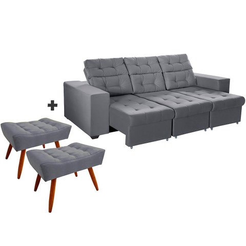 Sofá 4 Lugares Itália Plus Cinza 2,60m Retrátil, Reclinável com 2 Puffs