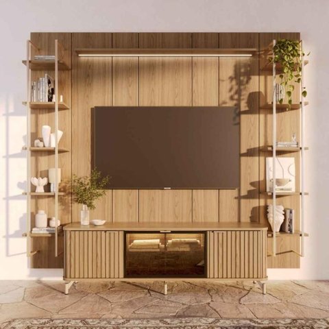 Estante para TV Home Theater 75" 100% MDF 254cm Vidro Reflecta Prateleiras LED Neon Float Carvalho