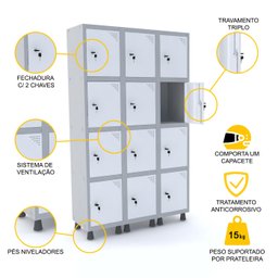 ROUPEIRO DE AÇO 3M 12 PORTAS FECHADURA PANDIN - CINZA/BRANCO GRF 503/12 DI - 3