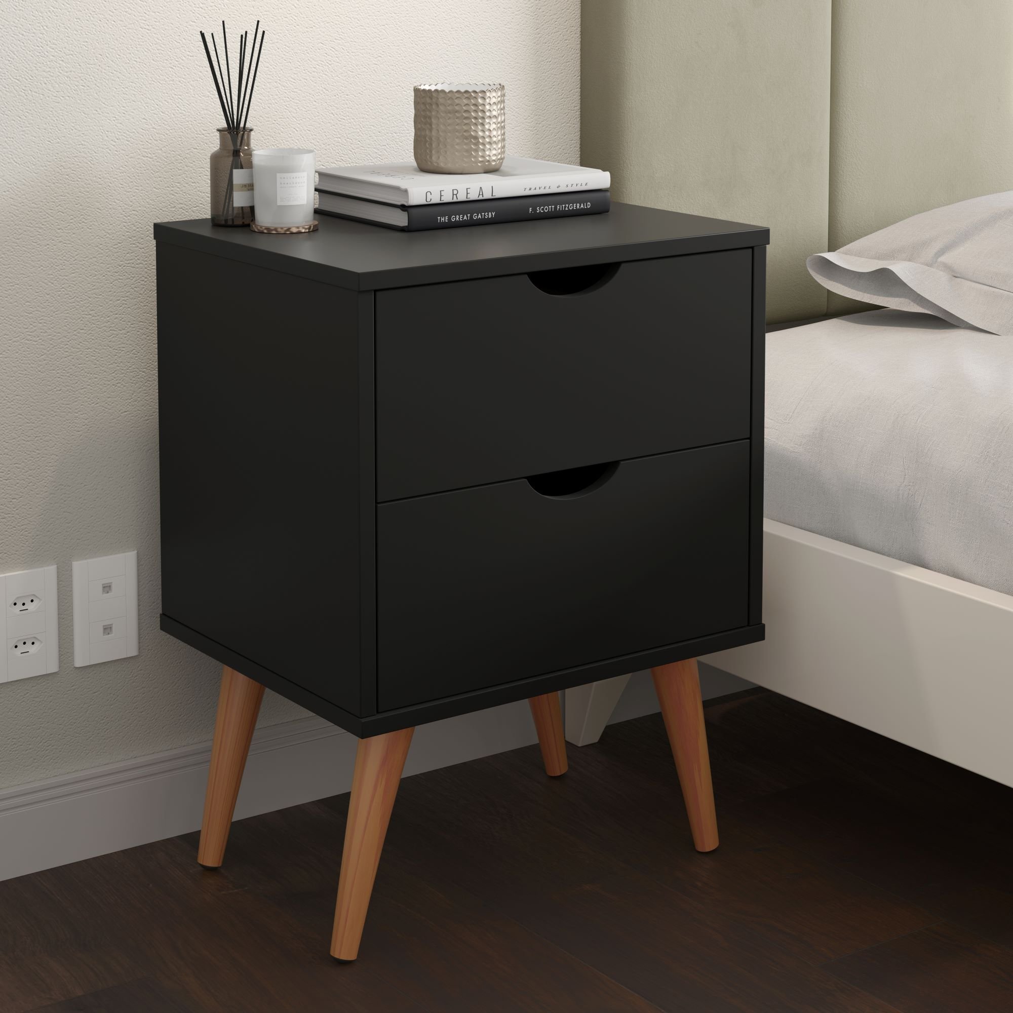 Conjunto Mesa de Cabeceira para Quarto Decore Madri Retrô Pés Palito:preto - 2