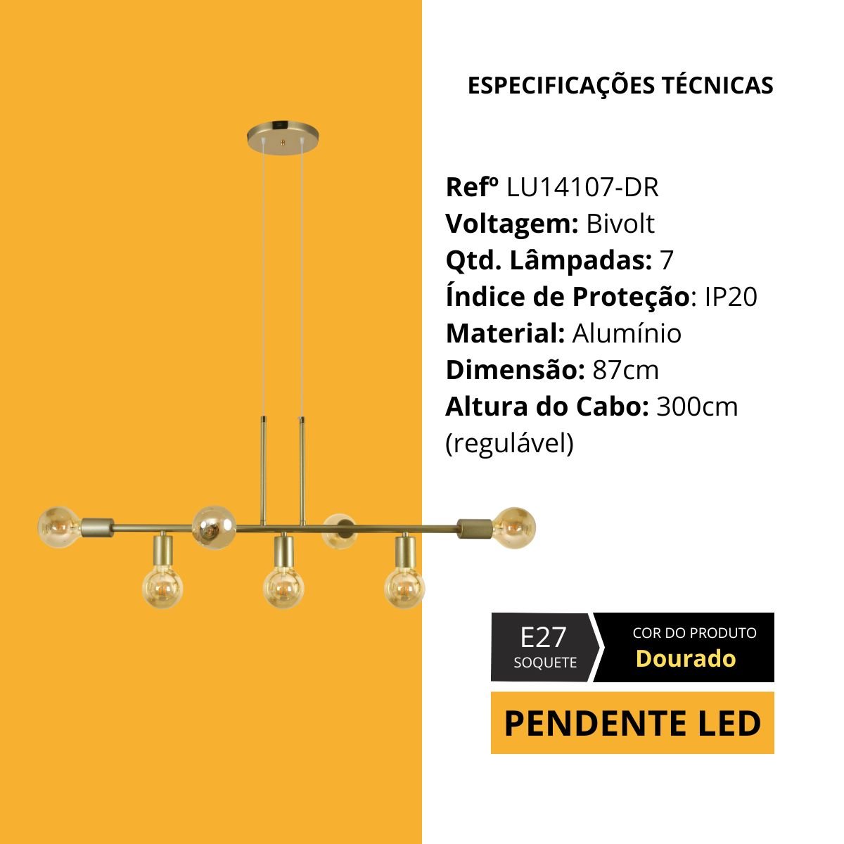 Lustre Luminaria Pendente Metal Dourado Zara 87cm - 7