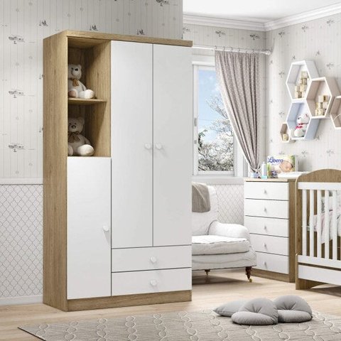 Guarda Roupa de Bebê 3 Portas Bala de Menta - Henn - Rústico com Branco