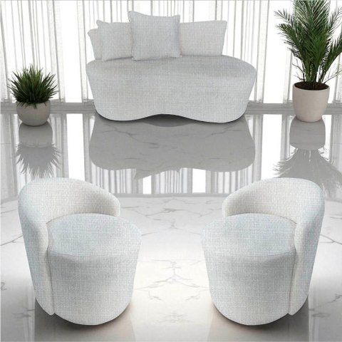 Kit Namoradeira + 2 Poltronas Yara Orgânica Linho Bege