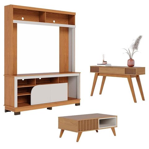 Estante Home Theater Belaya com Mesa de Centro Jeri Freijó Off White Matte e Aparador Riviera Freijó
