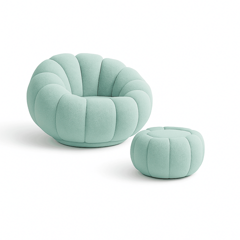 Kit Poltrona Decorativa Concha Com almofada e Puff Boucle Abobora - Montanaris Decor