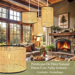 3 Pendente Fibra Natural Palha Indiana Composição E27 Com05 - 2