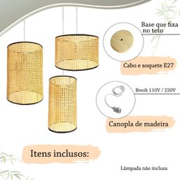3 Pendente Fibra Natural Palha Indiana Composição E27 Com05 - 4