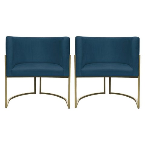 Kit 2 Poltronas Decorativa Recepção Luna Suede Cores Base de Ferro Champagne Azulmarinho Suede