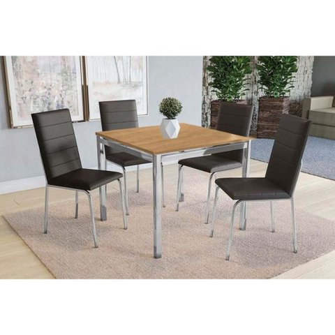 Conjunto: Mesa Sala Jantar Reno C/ Tampo de Madeira 90cm e 4 Cadeiras Amsterdã Cromada/nogueira -