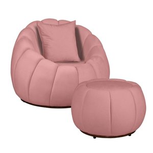 Kit Poltrona Base Giratória C/ Almofada e Puff Concha Veludo Cor Rosa