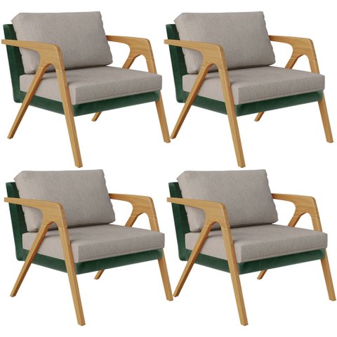 Kit 04 Poltronas Decorativas Sala Estar Pietra L02 Facto Verde Musgo Linho Bege - Lyam Decor