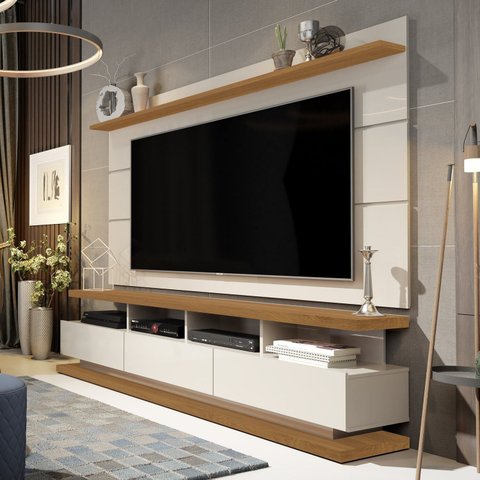 Rack Painel para TV até 72 Polegadas MDF 180cmx190cm Vivare com Rodízios Bege Off White/Nature