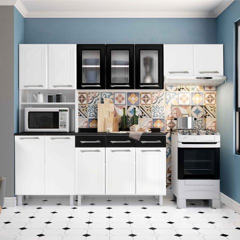 Cozinha de Aço Completa Modulada com Nicho para Micro-Ondas 4 Peças Topázio Branco/Preto