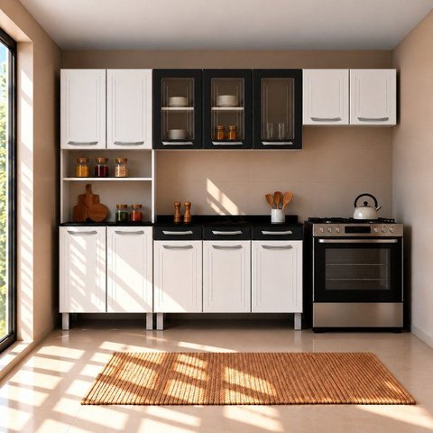 Cozinha de Aço Completa Modulada com Nicho para Micro-Ondas 4 Peças Topázio Branco/Preto