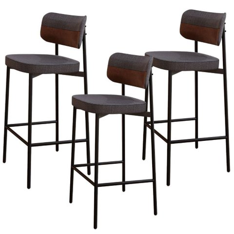 Kit 03 Banquetas Alta Bar Cozinha Sala de Jantar Aço Preto Kaira C01 Linho Preto Courino Whisky -