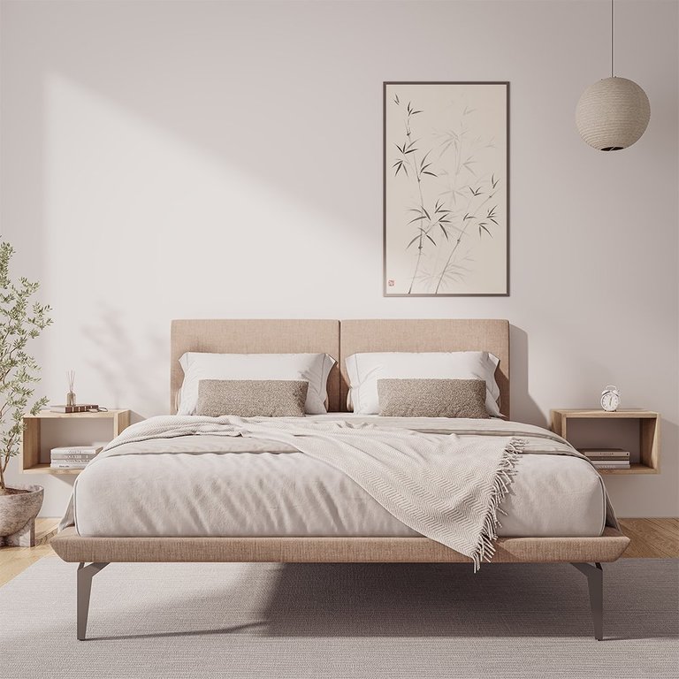 Estrutura para Cama Japonesa Toquio Casal com Cabeceira Almofada Linho Bege