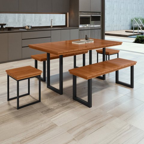 Conjunto Sala de Jantar 4 Bancos Madeira Maciça Ripada Capri Marrom Preto/Madeira