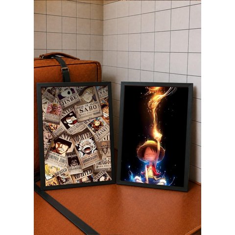 2 Quadros A3 One Piece Luffy c/ Vidro e Moldura Preta:A3