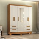Ver imagem 2 de Guarda Roupa Solteiro com Espelho 5 Portas 4 Gavetas Vitoria Nogueira Madeira Natura Off White Atual
