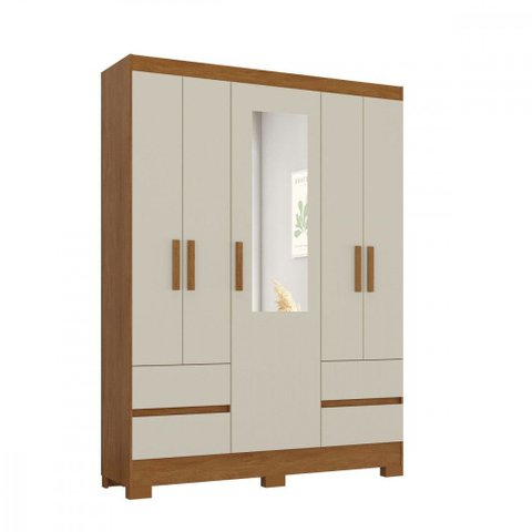 Guarda Roupa Solteiro com Espelho 5 Portas 4 Gavetas Vitoria Nogueira Madeira Natura Off White Atual