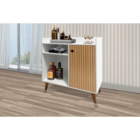 Aparador / Balcão Cantinho do Café Mad Modelo Retrô 1 Porta e Nichos Cor Branco / Ripado 3d Romar