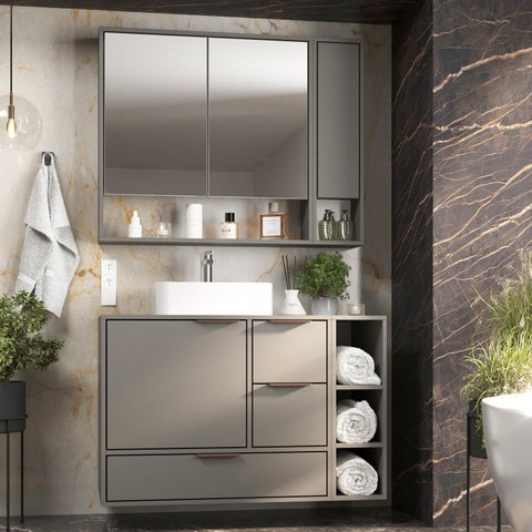 Conjunto Gabinete para Banheiro Modulado 100cm x 124cm Prime Yescasa Cinza/Cimento