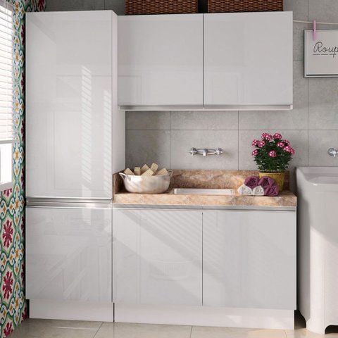 Kit Área De Serviço Madesa Acordes 100% MDF com Armário e Balcão Portas Branco Brilho Cor:Branco