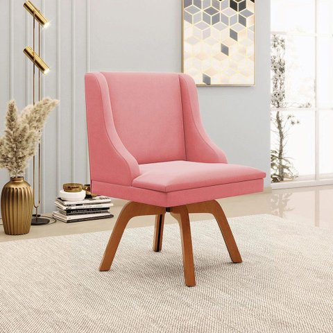 Cadeira Decorativa Sala de Jantar Base Giratória de Madeira Firenze Suede Rosê/natural G19