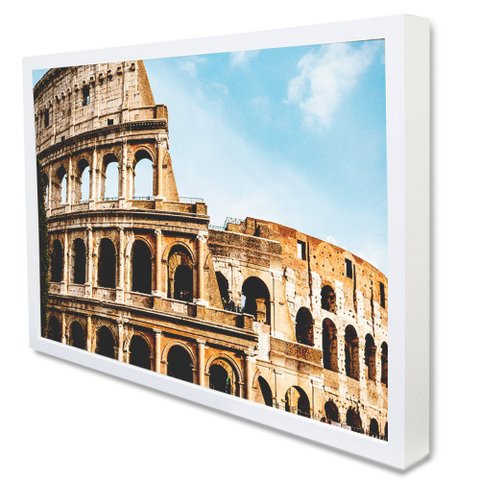 Quadro Decorativo Caixa Alta com Vidro Cidade Roma Itália - Coliseu TaColado Moldura Branca 90 x 60c
