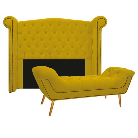 Kit Cabeceira 140 cm Suede + Calçadeira Madrid Amarelo