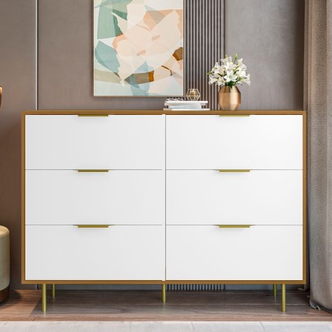 Cômoda 06 Gavetas com Pés e Puxador em Metal - Safira:freijó/branco