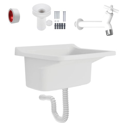 Tanque Plástico 40l para Lavanderia Branco + Sifão Universal Sanfonado + Veda Rosca + Torneira Branc