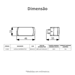5 Unidades Módulo Interruptor Bipolar Modelo Paralelo 10a 250v Branco Durín - 2