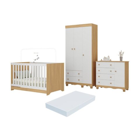 Quarto de Bebê Completo Berço Americano 3 em 1 Colchão Dengo Multimóveis Mp4608 Madeirado/branco