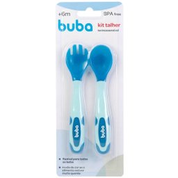 Kit Talheres para Bebê Flexíveis e Termossensíveis Garfo e Colher Silicone Buba Azul - 7