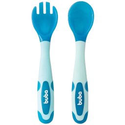 Kit Talheres para Bebê Flexíveis e Termossensíveis Garfo e Colher Silicone Buba Azul - 1