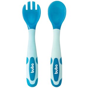 Kit Talheres para Bebê Flexíveis e Termossensíveis Garfo e Colher Silicone Buba Azul
