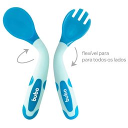 Kit Talheres para Bebê Flexíveis e Termossensíveis Garfo e Colher Silicone Buba Azul - 3
