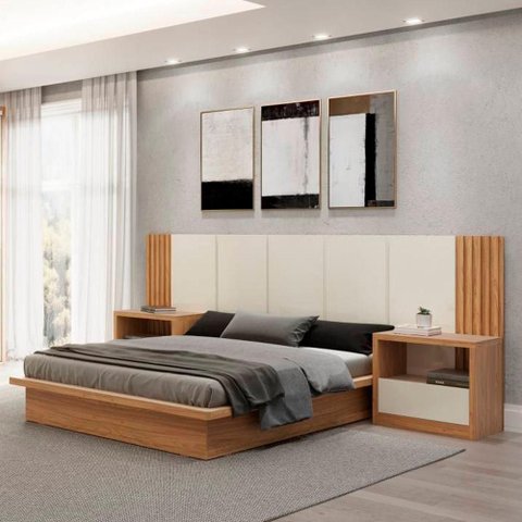 Kit Quarto Cama Cabeceira Ripada 2 Mesas Casal MDF Off White com Freijó Dalla Costa Móveis