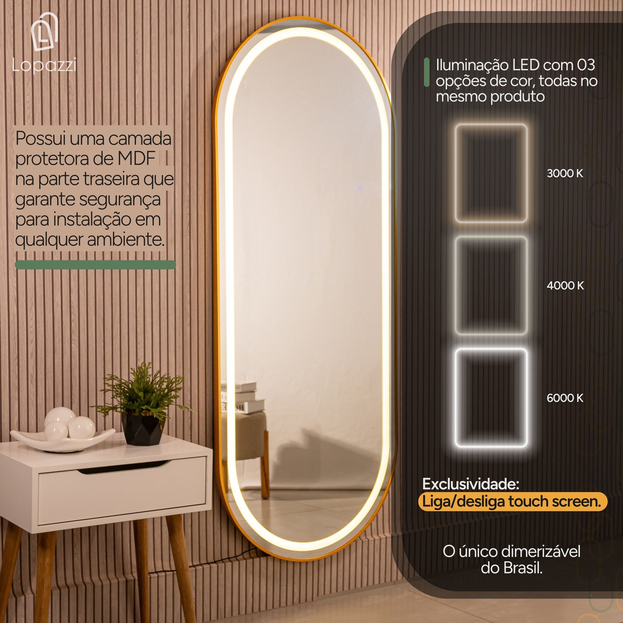 Espelho Jateado com Led Quente/frio Grande Corpo Inteiro com Moldura Oval 170x70cm Luxo Dourado - 6