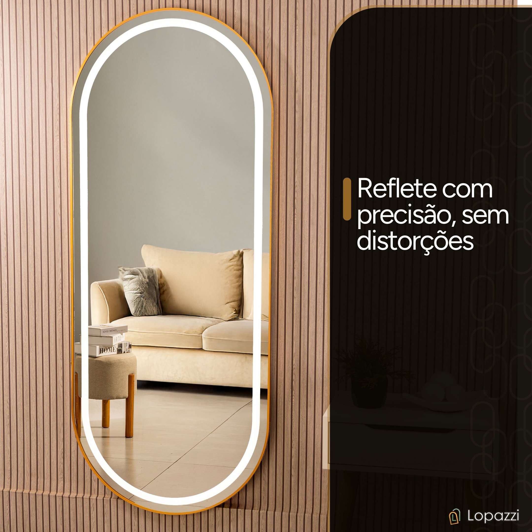 Espelho Jateado com Led Quente/frio Grande Corpo Inteiro com Moldura Oval 170x70cm Luxo Dourado - 3