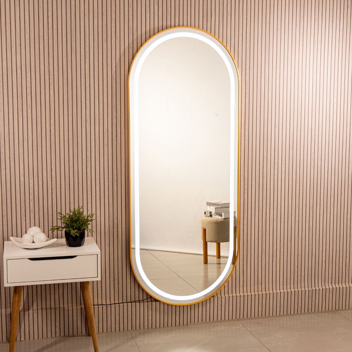 Espelho Jateado com Led Quente/frio Grande Corpo Inteiro com Moldura Oval 170x70cm Luxo Dourado - 1