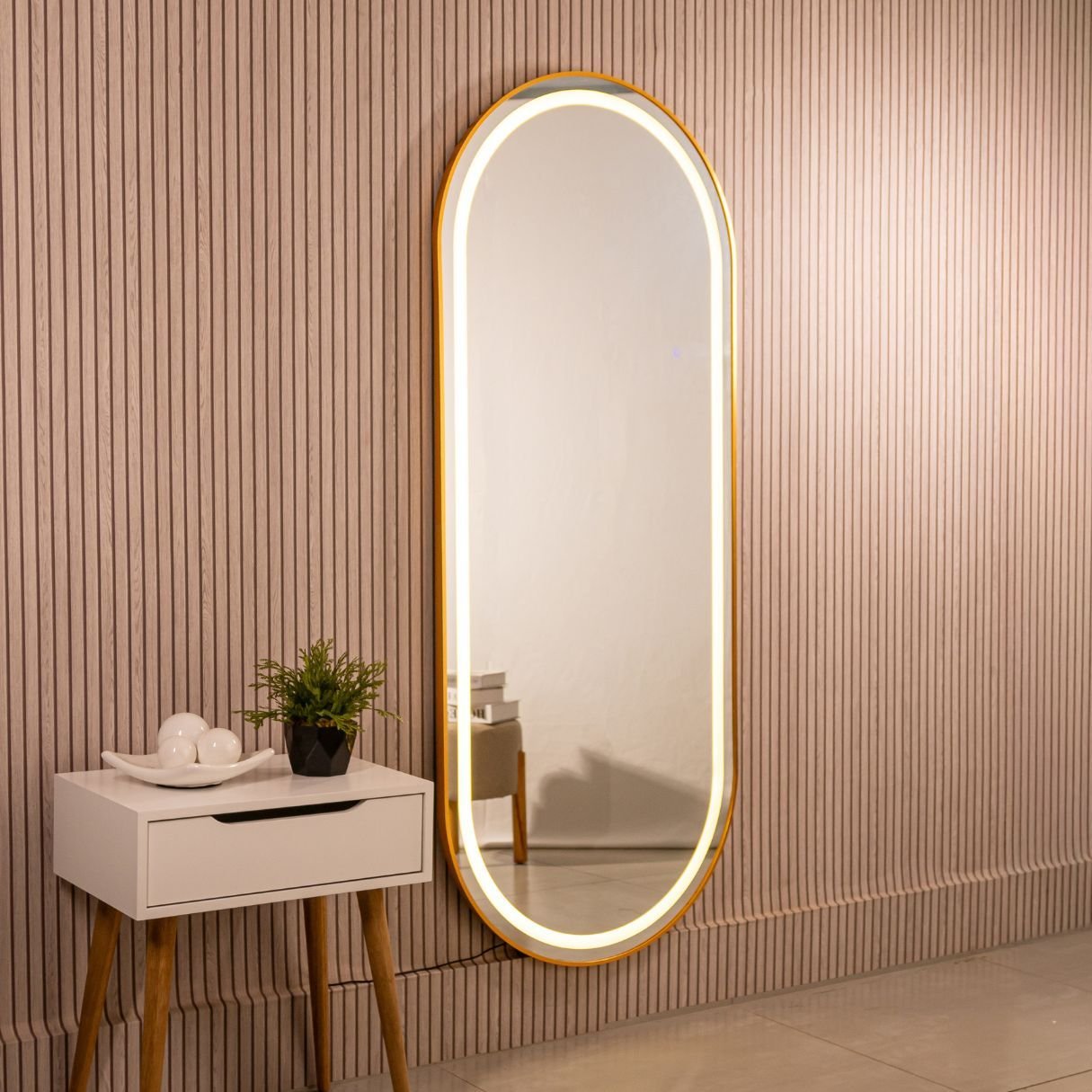 Espelho Jateado com Led Quente/frio Grande Corpo Inteiro com Moldura Oval 170x70cm Luxo Dourado - 3