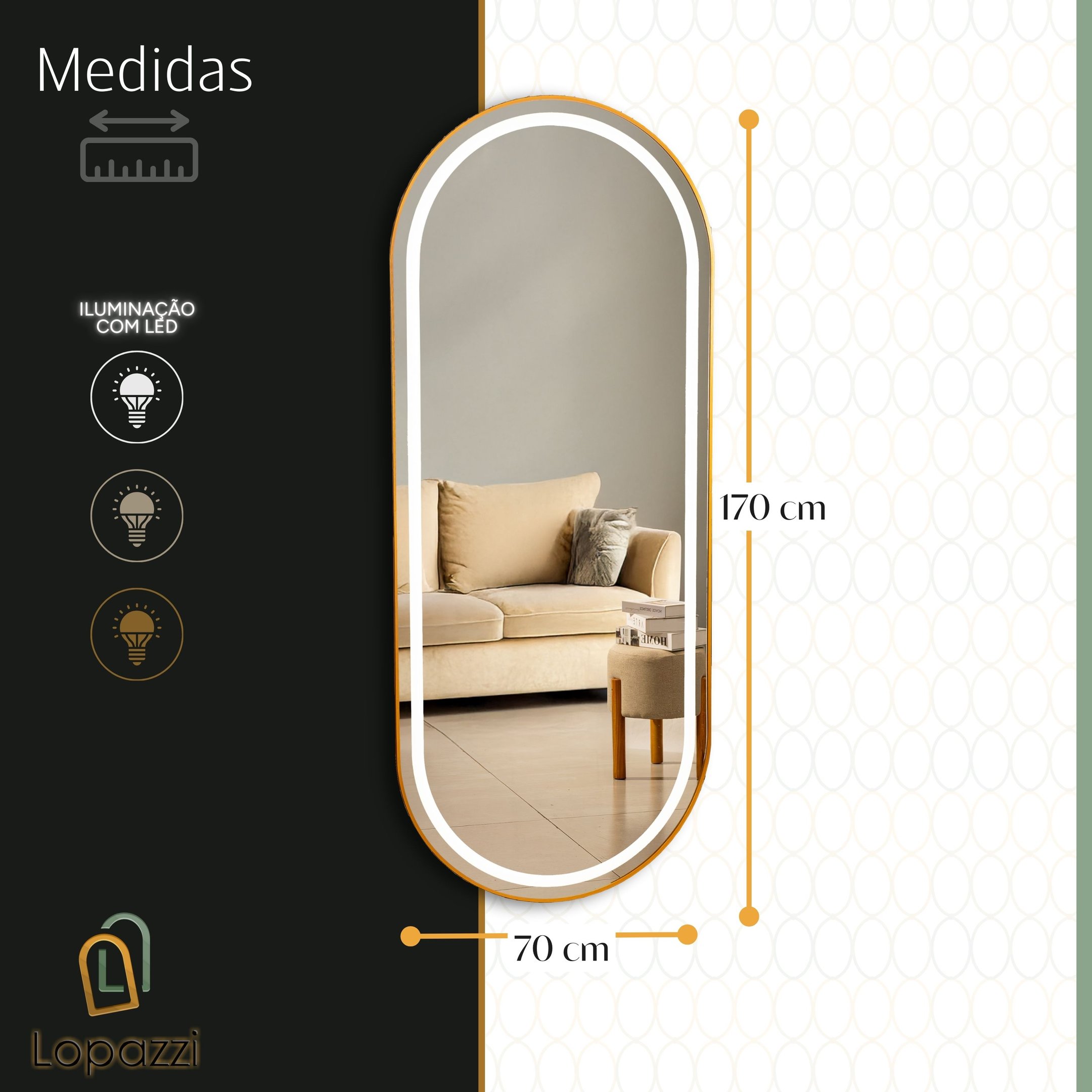 Espelho Jateado com Led Quente/frio Grande Corpo Inteiro com Moldura Oval 170x70cm Luxo Dourado - 7