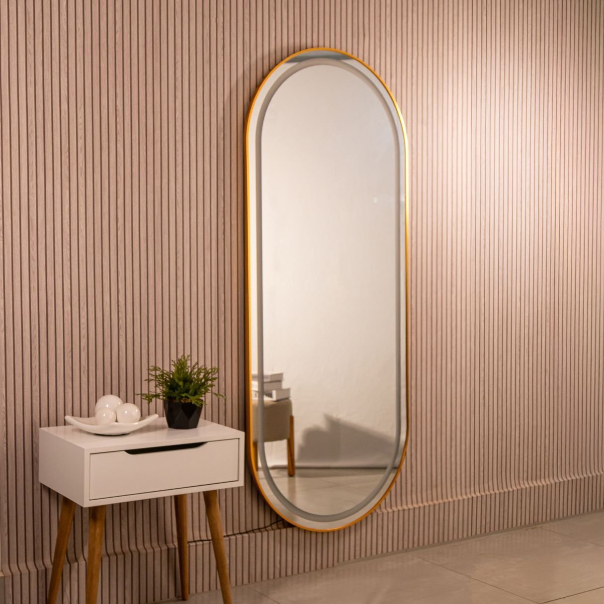 Espelho Jateado com Led Quente/frio Grande Corpo Inteiro com Moldura Oval 170x70cm Luxo Dourado - 5