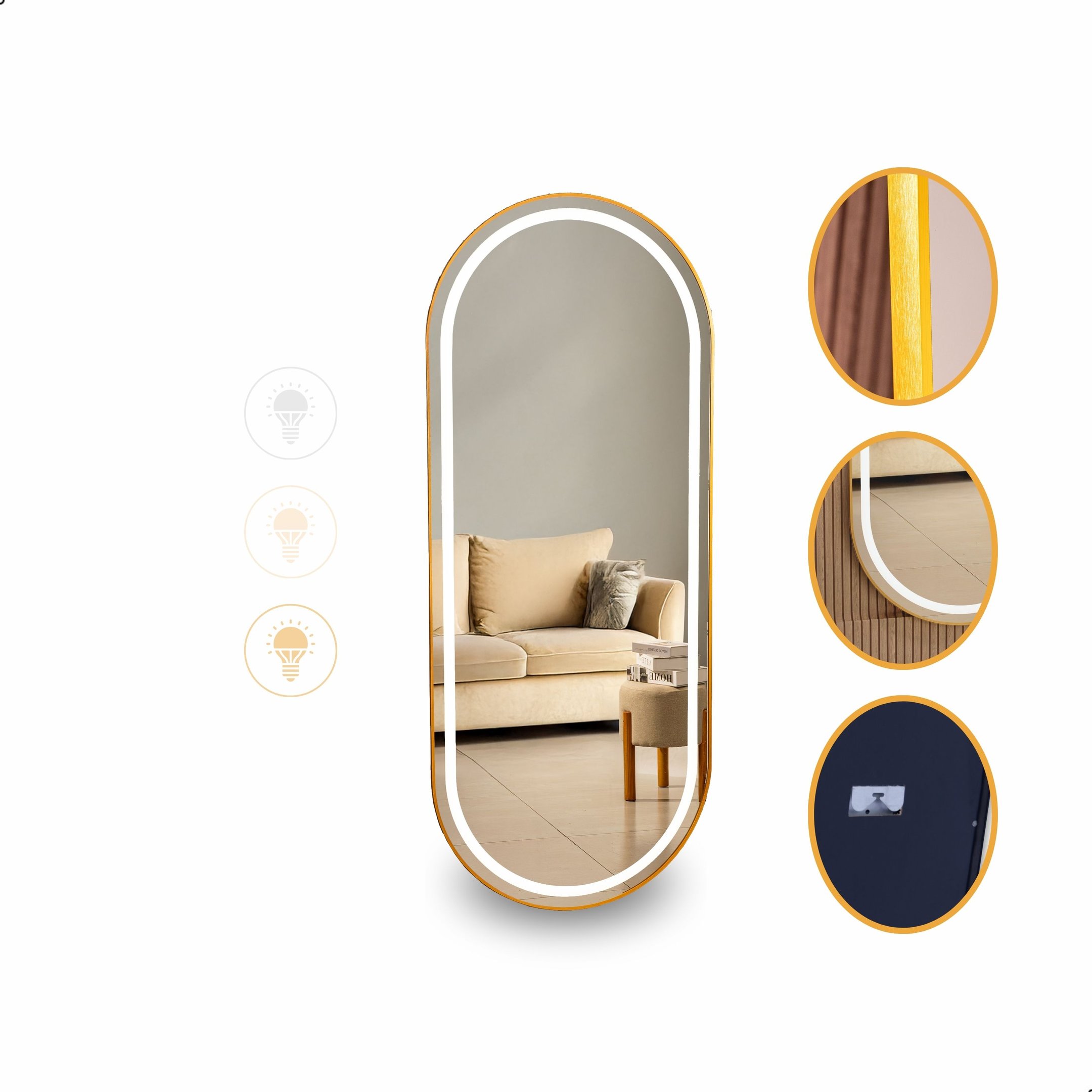 Espelho Jateado com Led Quente/frio Grande Corpo Inteiro com Moldura Oval 170x70cm Luxo Dourado - 1
