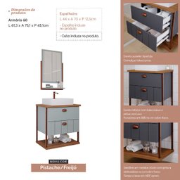Armário Gabinete Banheiro C/ 2 Gavetas Prateleira Espelheira Pistache - 3