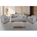 Ver imagem 2 de Kit Sofá 3 Lugares e 2 Poltronas Beny + Puff Isa com Base de Madeira Linho Cinza